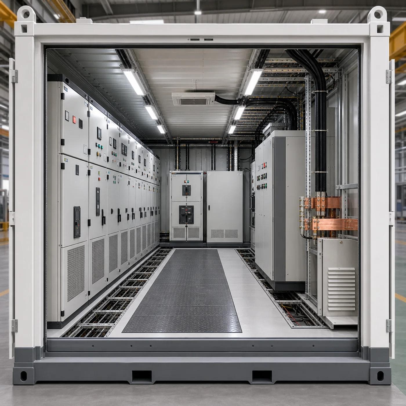 Equipment foundations, cabinet clearances and service passages are coordinated before fabrication.