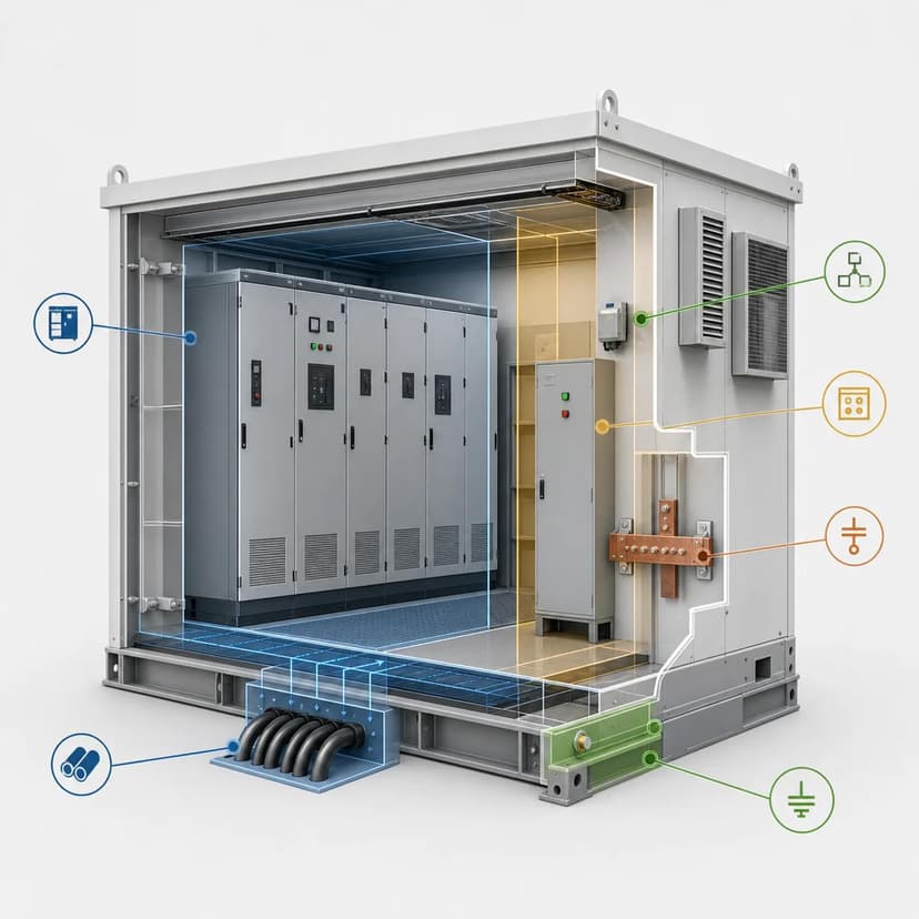 Cable openings, trays, seals and earthing terminals are prefabricated around the approved project layout.