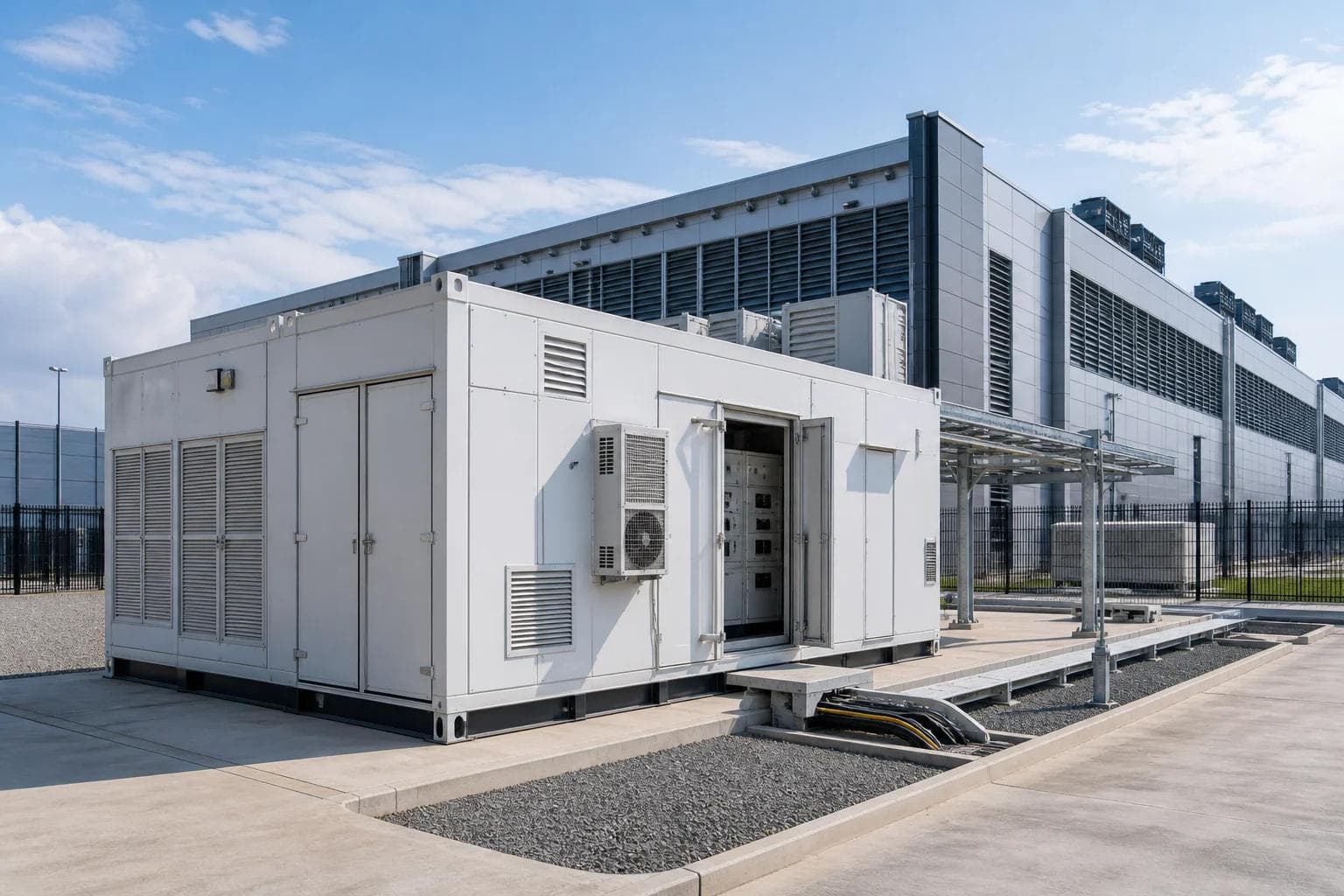 Data center Power E-House solution with factory-built electrical enclosure and power distribution interfaces