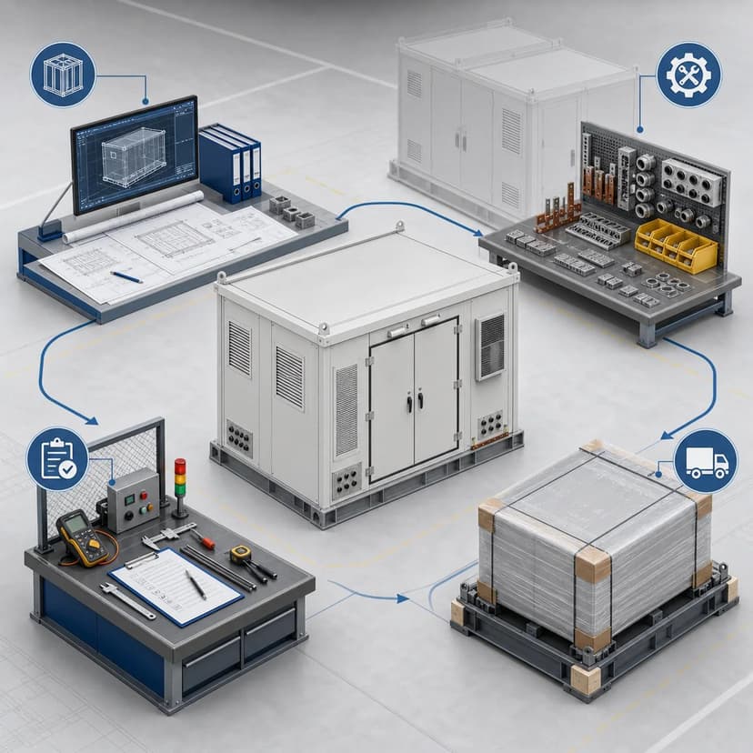 Enclosure, switchgear, HVAC, auxiliary power and monitoring interfaces are integrated for site handover.